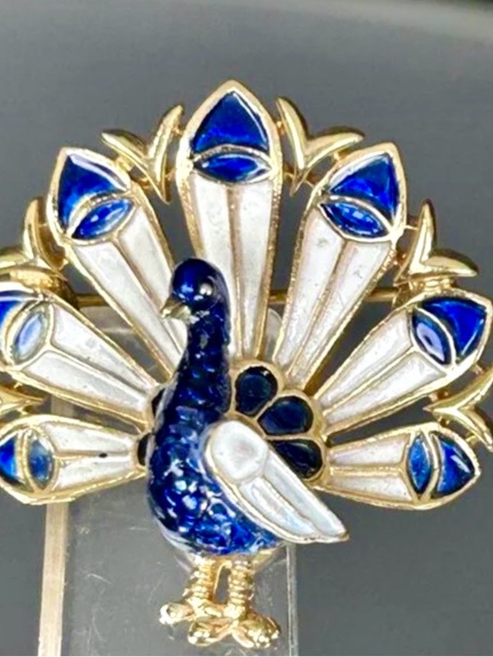Rare Crown Trifari Blue & White Enamel Peacock Brooch Pre 1955 Alfred Philippe